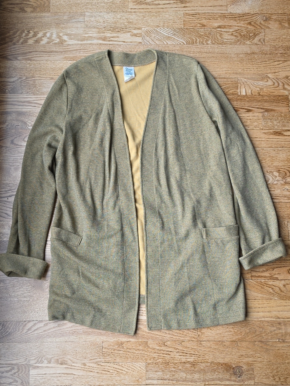 (XL) Weekenders Yellow And Charcoal Heathered Open-Front Cardigan Grandma Cozy